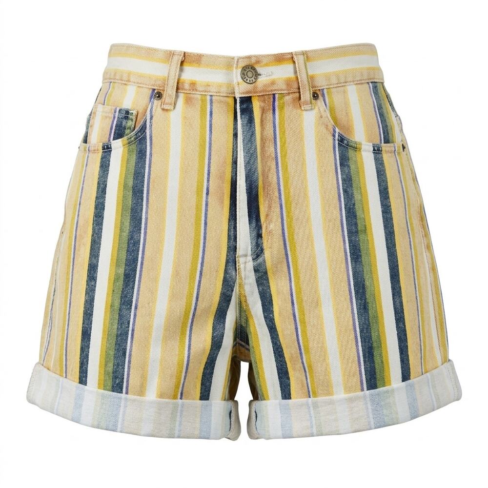 BDG Mom High-Rise Yellow Striped Denim Shorts Pockets Women Size 28